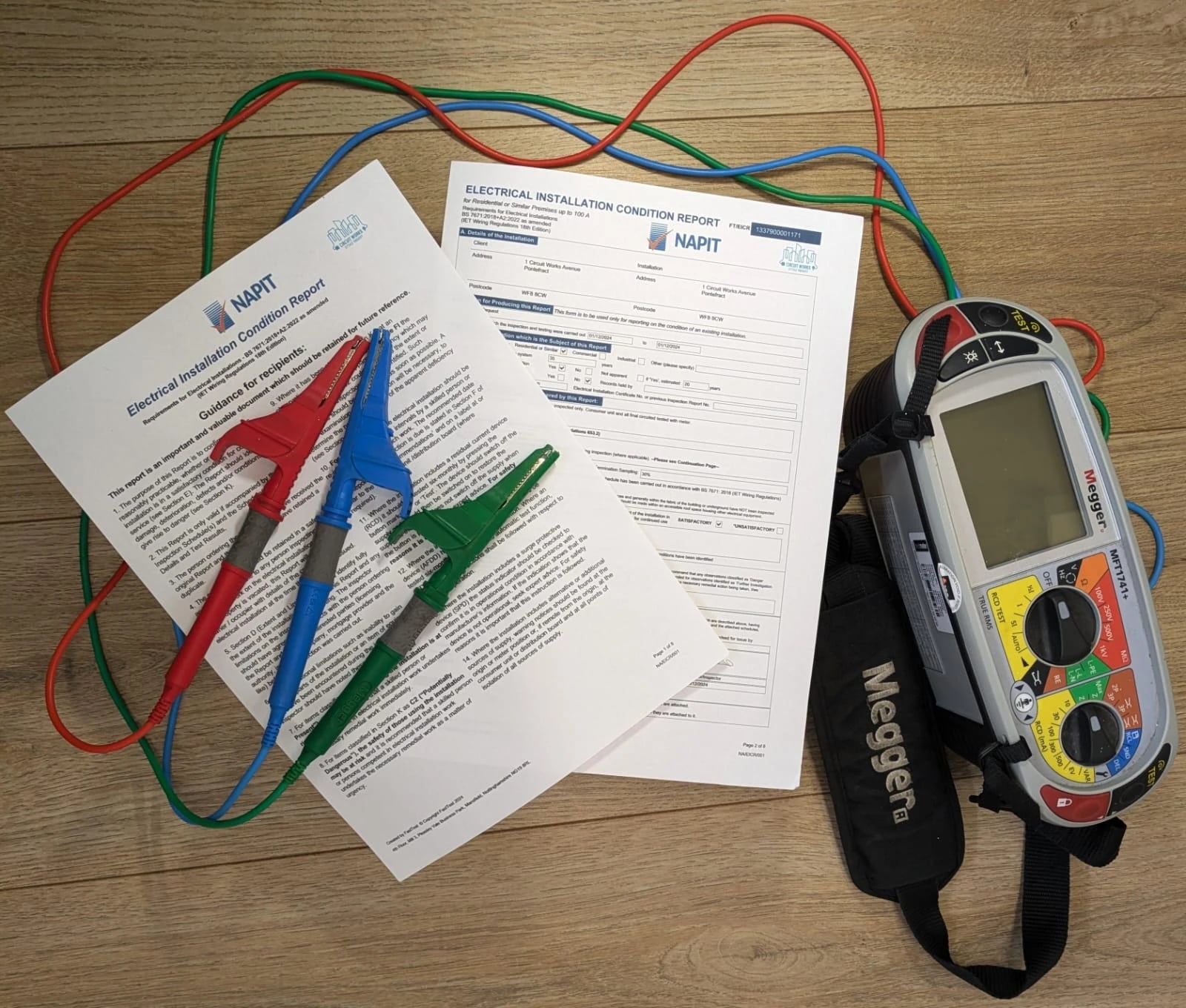 NAPIT EICR report and Megger multi-function testing equipment